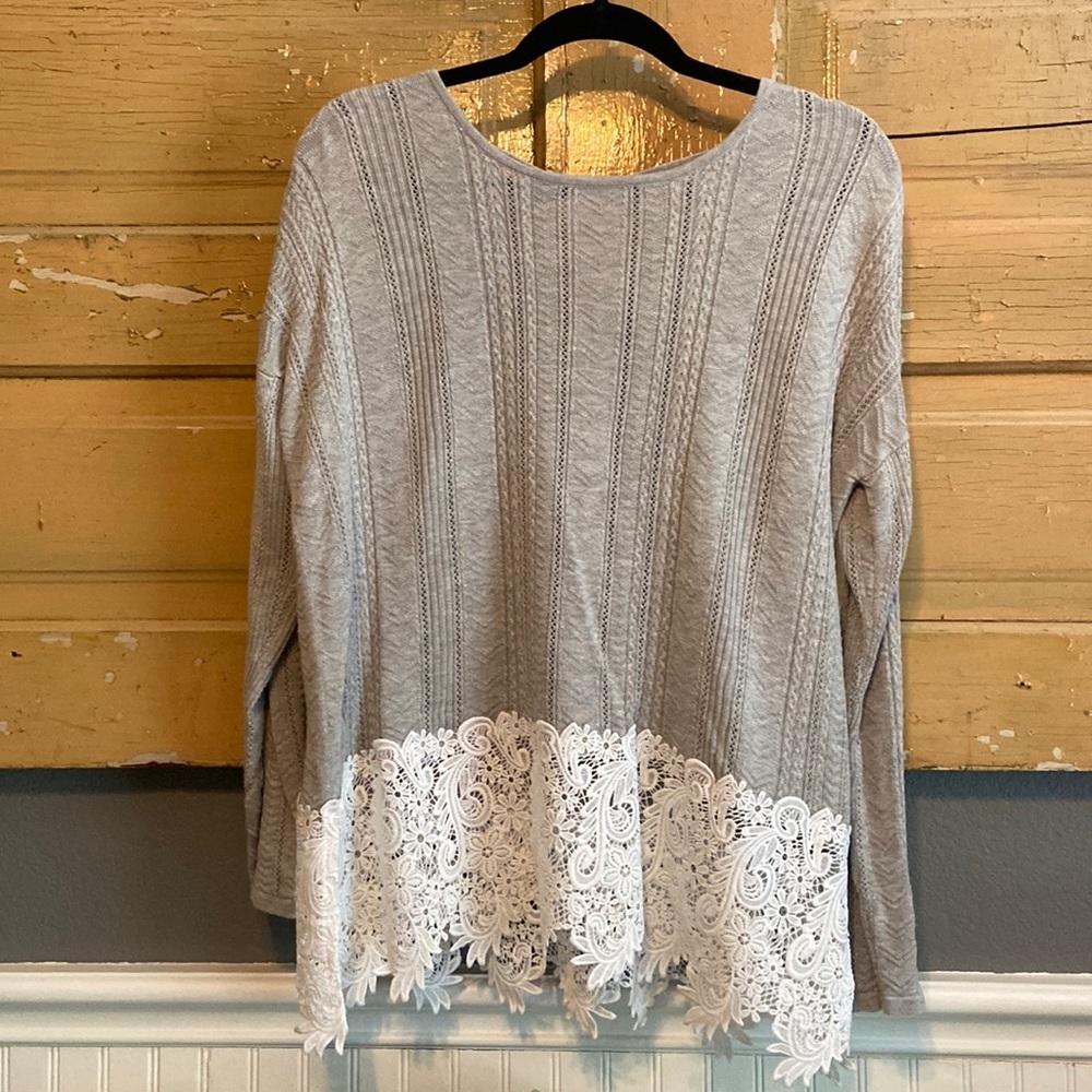 Neiman Marcus gray sweater with lace details, size medium